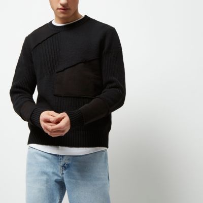 Black mixed texture patch jumper